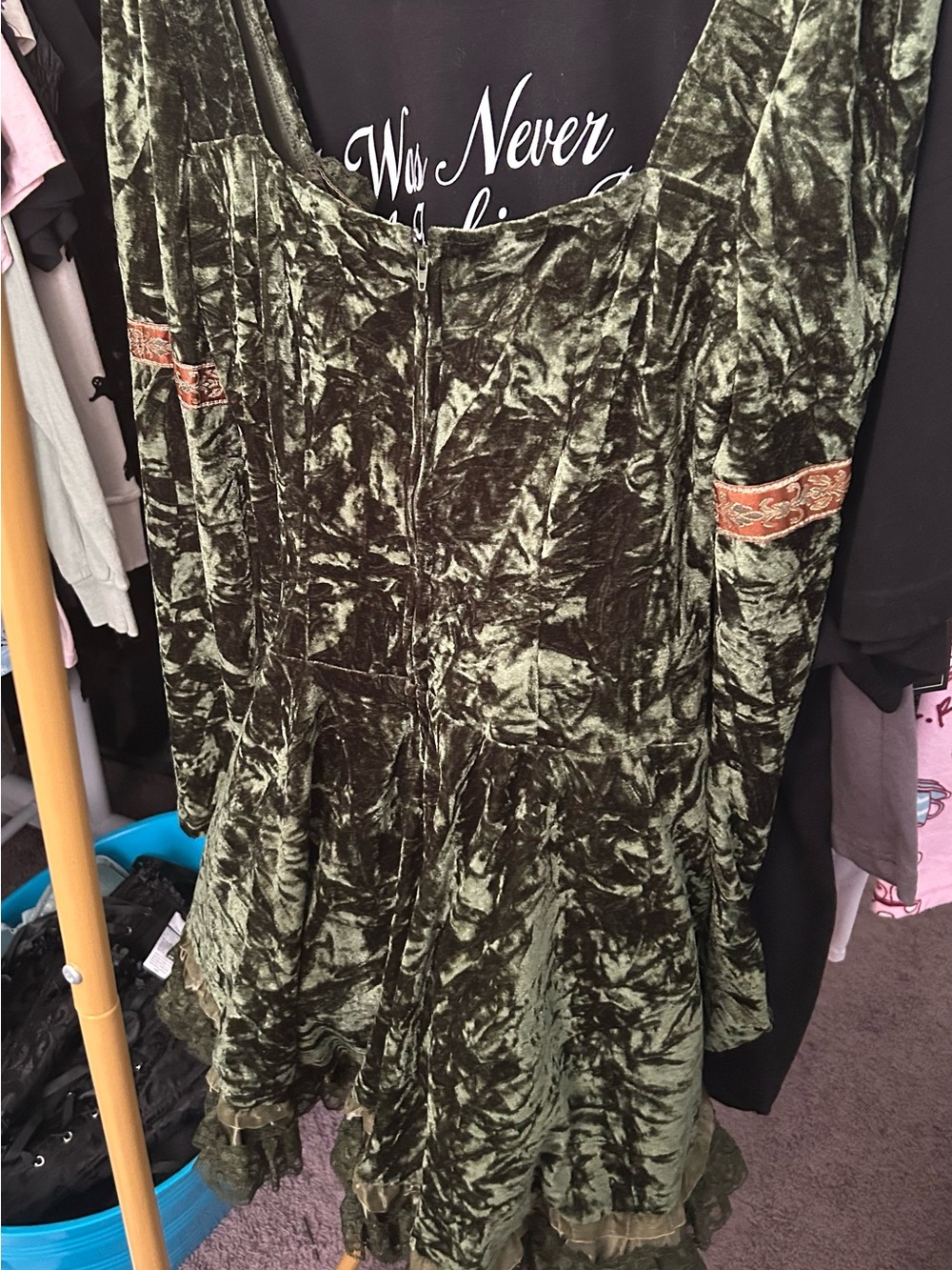 Dolls Kill Olive Green Crushed Velvet Lace-Up Mini Dress - Picture 2 of 2